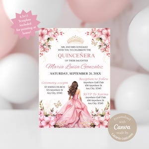 Editable Pink and Gold Quincenera Invitation, Digital Canva Template, 5x7 Digital Invitations for Quincenera, Pink Floral Quince Invitations
