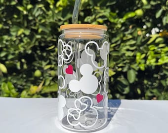 Minnie Mouse Glass Cup with Bamboo Lid and Curved Glass Straw, 16 oz Libbey Glass, Disney Beer Can Glass for Iced Coffee, Valentine's Gifts