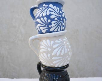 Authentic Talavera Clay Mugs, Handmade Mexican Jarritos de Barro, Artisanal Mexican Mugs for Coffee, White Mexican Pottery Coffee Mugs