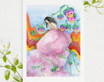 Original Watercolor Painting - Mystical Woman in Floral Gown, Enchanted Garden Art, Colorful Fantasy Artwork, decorative art, wall hanging