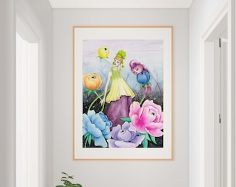 Original Watercolor Artwork - Mystical Woman in Valentino Gown, Enchanted Garden Art, Colorful Fantasy Artwork, decorative art, wall hanging