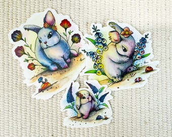 Pack of 3 Cute Bunny Art Stickers, High Quality Vinyl, Waterproof, 2x2, 3x3