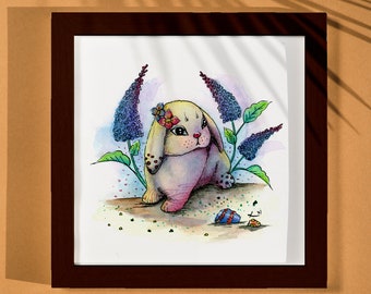 Cute Bunny Art - Original w/FRAME, watercolor, illustration, easter, animal decor, home decor, wall hanging, gift, woodland animal