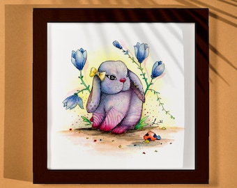 Cute Bunny Art - Original w/FRAME, watercolor, illustration, easter, animal decor, home decor, wall hanging, gift, woodland animal