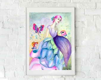 Dreaming - Original watercolor painting, surrealism art, fashion illustration, home decor, wall hanging, feminine art, decorative