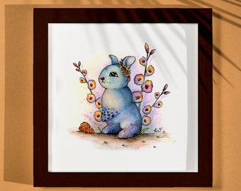 Blue Bunny Art - Original w/FRAME, watercolor, illustration, easter, animal decor, home decor, wall hanging, gift, woodland animal