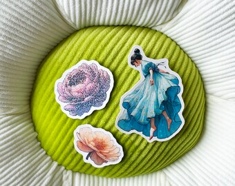 Holographic Sparkle Art Stickers - Waterproof Vinyl,  Blue Girl and floral Scene, Pack of 3, Sizes 3x2.5, 2x1.8, 1.5x1.5 - Durable and Shiny