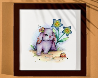 Purple Bunny Art - Original w/FRAME, watercolor, illustration, easter, animal decor, home decor, wall hanging, gift, woodland animal