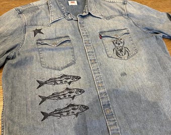 fish and beetle lino printed button up shirt