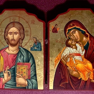 Diiptych Icons With Lithography  On Wood. Size 26x17  cm Handmade Greek Christian Orthodox Byzantine