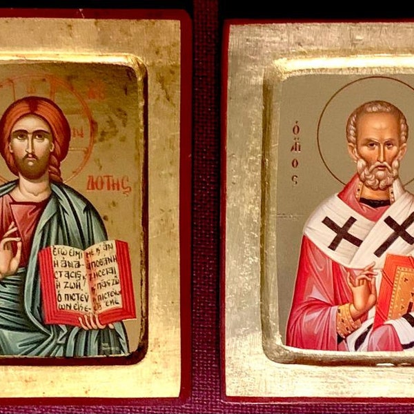Set of 2 Religious Icons   Orthodox Byzantine Christian Greek Icons  Size 14x18 cm Handmade