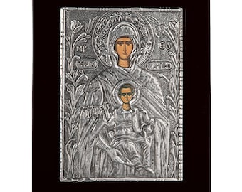 Religious  icon with lithographed images, Greek Christian Orthodox Byzantine, 19x24 cm Handmade