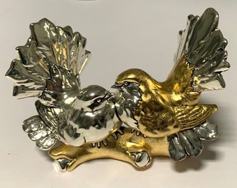 Silver plated  and gold leaf, statue, animals miniatures, handcrafted sculptures, sparrows