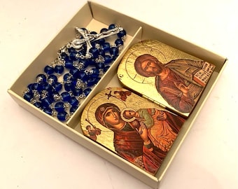 Set of Genuine Icon on carved wood , Dittic Orthodox Greek and  Christian Glass beads Rosary Handmade