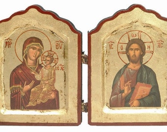 Diptyque icône lithographie sur bois, grec chrétien orthodoxe byzantin Format 12x20 cm