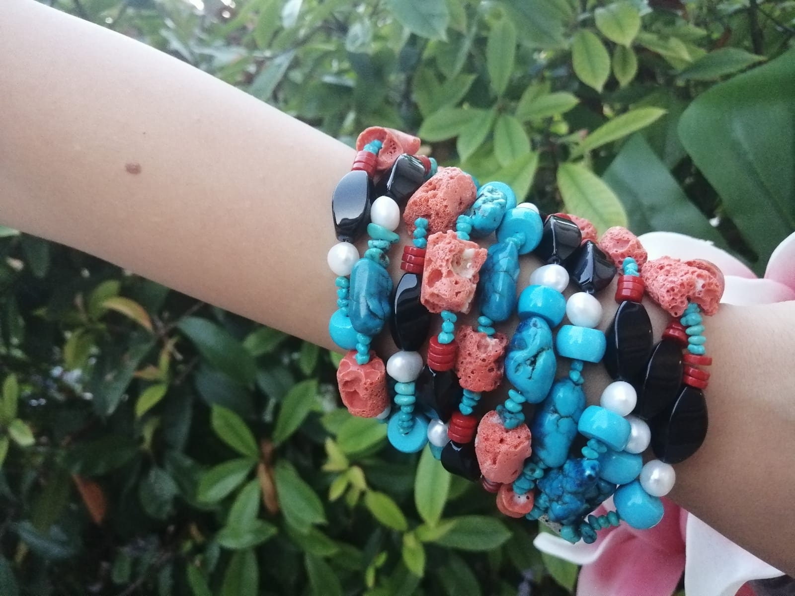 Onyx Coral Turquoise Pearls black onyx bracelet japanese | Etsy