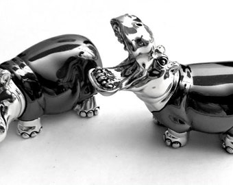 Set of 2 pcs silver plated  animals miniatures, handcrafted  sculptures, Pair of Hippos