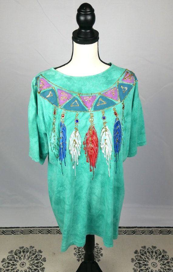 Turquoise Tie Dye Feather Shirt - image 1