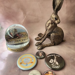 May include: A collection of five round buttons with various designs. One button features a cartoon image of a rabbit with the text "Where's the Hare?" Another button has a cartoon image of an owl with the text "Wise Owl, Knows Best". A third button has a cartoon image of a rabbit with the text "If you're going to cry, cry tears of laughter". A fourth button has a cartoon image of a rabbit with the text "Welcome to Royston Vasey, You'll Never Leave, Verified Local". The fifth button has a cartoon image of a man with the text "I Survived My Trip to the Local Shop".