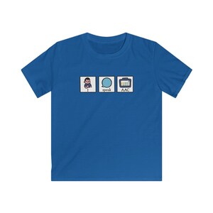 May include: A blue t-shirt with a graphic of a person, a speech bubble, and a tablet with the text "I speak AAC".