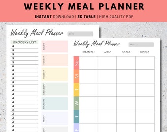 Wöchentlicher Essensplaner zum Ausdrucken, EDITIERBARER Essensplan, wöchentliches Ernährungstagebuch, Sonntag oder Montag Start, Sofortiger Download, Diät, Fitness, Gesundheit