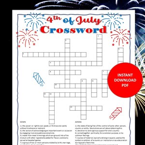4th of July Crossword Game 4th of July Printable Games Independence Day Party Games 4th of July Activities Trivia Games Kids Adults