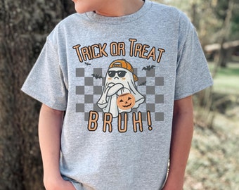 Trick or Treat Bruh Kids Checkered Ghost Shirt for Halloween, Personalized TShirt for toddler boys or girls, Custom Funny Ghost Gift Youth T