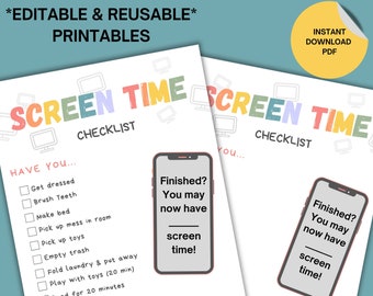 Schermtijdgrafiek (bewerkbaar), schermtijd afdrukbaar, klusjesgrafiek voor kinderen, checklist voor schermtijd, verdienschermtijdgrafiek