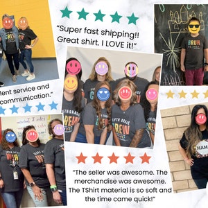 May include: A collection of images showcasing t-shirts with different designs. One t-shirt displays "FIFTH GRADE CREW" in vibrant colours. Another reads "BRUH BE BACK". A third t-shirt says "MAMA" with a floral pattern. Customer reviews and star ratings are also present.