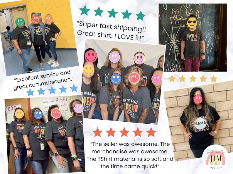 May include: A collection of images showcasing t-shirts with different designs. One t-shirt displays "FIFTH GRADE CREW" in vibrant colours. Another reads "BRUH BE BACK". A third t-shirt says "MAMA" with a floral pattern. Customer reviews and star ratings are also present.