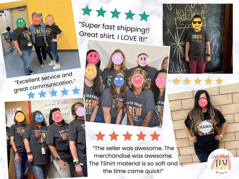 May include: A collage of images featuring people wearing t-shirts with various designs. The designs include "Fifth Grade Crew", "Bruh", and "Mama". The collage also includes customer reviews with five-star ratings and positive comments about the shirts and the seller.