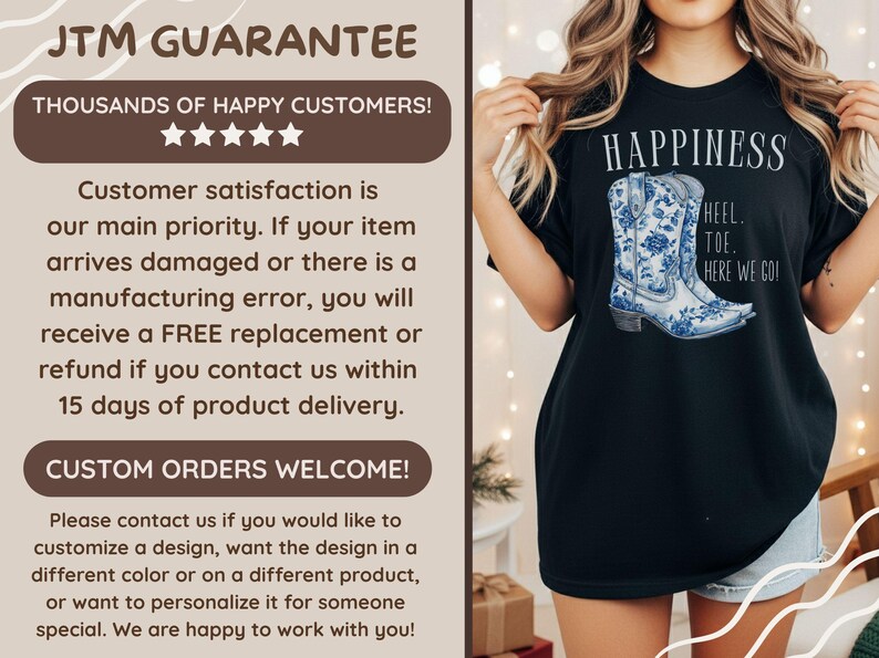 May include: Black t-shirt with the word "HAPPINESS" and a blue and white floral cowboy boot design. The text "HEEL...TOE...HERE WE GO!" is below the boot. A casual wear item.