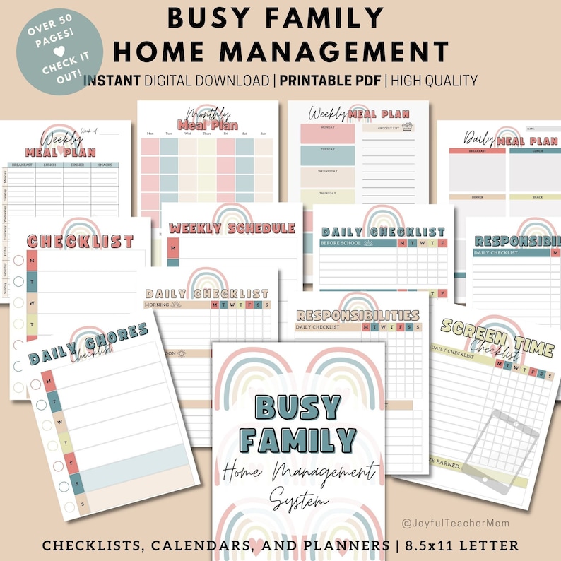 May include: A printable set of checklists, calendars, and planners for busy families. The pages feature a rainbow design and include titles like "Weekly Meal Plan", "Daily Chores Checklist", and "Screen Time Checklist".