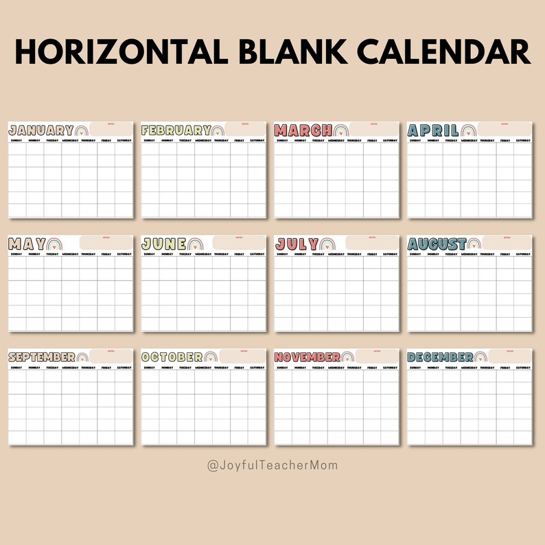 May include: A printable horizontal blank calendar with a rainbow design. The calendar includes all 12 months of the year: January, February, March, April, May, June, July, August, September, October, November, and December.