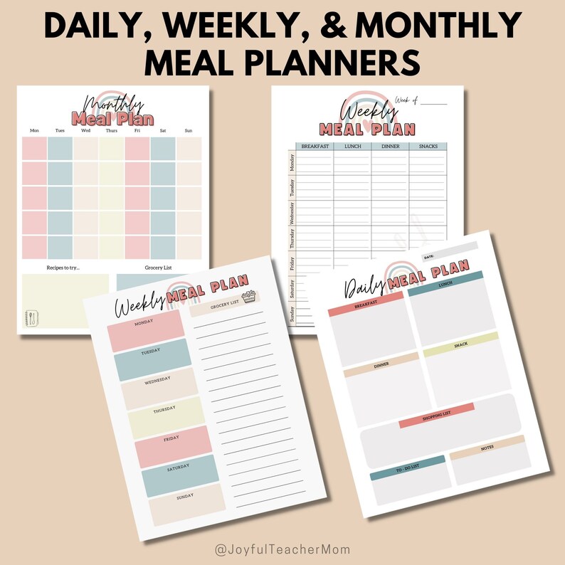 May include: Printable meal planner templates in pink, blue, and yellow with a rainbow design. The templates include daily, weekly, and monthly meal planners.