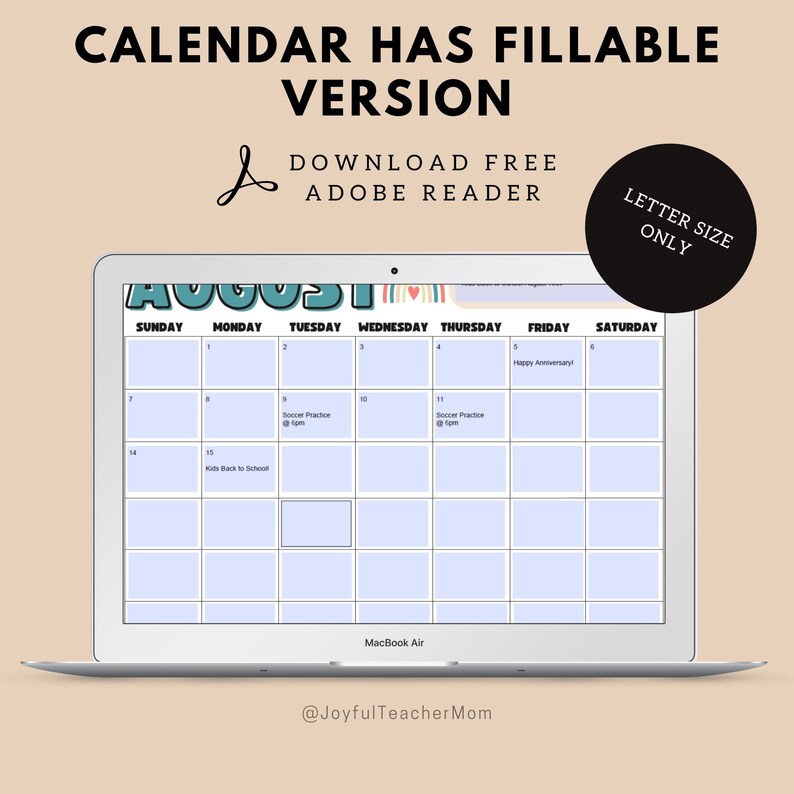 May include: A digital calendar for the month of August on a laptop screen. The calendar has a blue, pink, and white color scheme with a heart and rainbow design. The calendar is labeled with the days of the week and has space for writing in appointments and events. The text "Kids Back to School" is written in one of the boxes. The text "Soccer Practice" is written in two of the boxes. The text "Happy Anniversary!" is written in one of the boxes.