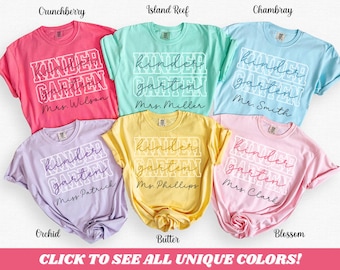 Custom Kindergarten Shirt, Comfort Colors® Kindergarten Teacher Tshirt, Personalized Kinder Team Tee, Back to School Grade Level Staff Gifts