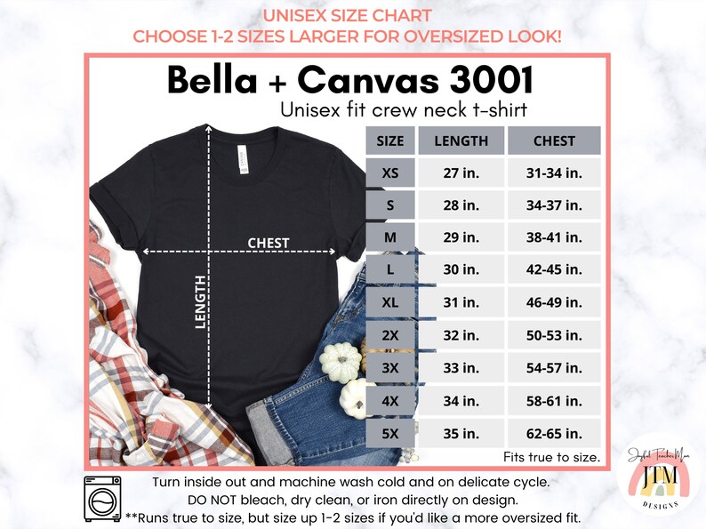 Może przedstawiać: Tabela rozmiar&oacute;w unisex dla koszulek Bella + Canvas 3001. Tabela pokazuje wymiary długości i klatki piersiowej w calach dla rozmiar&oacute;w od XS do 5X. Tabela zawiera r&oacute;wnież instrukcje dotyczące prania i pielęgnacji koszulek.