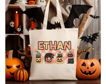 Personalized Trick or Treat Bag with Cats on Pumpkins, Custom Halloween Gift, Halloween Tote for Kids Custom Name Trick-or-Treat Candy Bags
