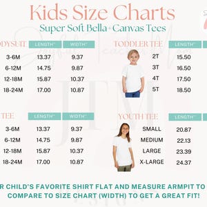 May include: Size chart for kids' t-shirts, showing measurements in inches for length and width. The chart includes sizes for baby bodysuits, baby tees, toddler tees, and youth tees.