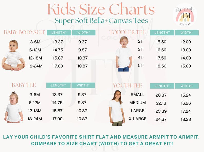May include: Size chart for kids' t-shirts, showing measurements in inches for length and width. The chart includes sizes for baby bodysuits, baby tees, toddler tees, and youth tees.