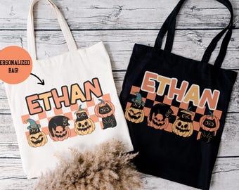 Personalized Trick or Treat Bag with Cats on Pumpkins, Custom Halloween Gift, Halloween Tote for Kids Custom Name Trick-or-Treat Candy Bags