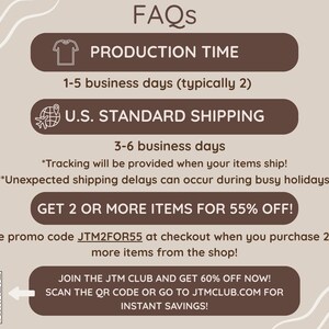 May include: A graphic with text about production time, shipping, and discounts. The text includes "PRODUCTION TIME," "U.S. STANDARD SHIPPING," and "GET 2 OR MORE ITEMS FOR 55% OFF!" There is a QR code for instant savings.