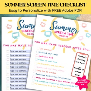 Bildschirmzeit-Checkliste Bearbeitbare Bildschirmzeit-Hausarbeits-Diagramm Sommer-Aufgaben-Tracker Druckbare Hausarbeits-Checkliste KIDS Sommer-Aktivitäts-Tracker für Kinder