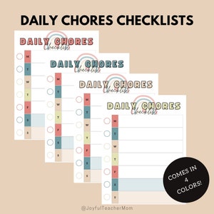 May include: Four printable daily chore checklists with rainbow accents. Each checklist has a column for each day of the week: Monday, Tuesday, Wednesday, Thursday, Friday, Saturday, and Sunday. The checklists are available in four colors.