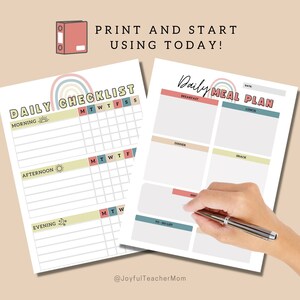 May include: Two printable checklists with a rainbow design. The first checklist is a daily checklist with sections for morning, afternoon, and evening. The second checklist is a daily meal plan with sections for breakfast, lunch, dinner, and snack. The text "PRINT AND START USING TODAY!" is at the top of the image.