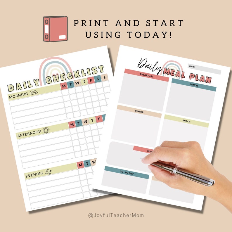 May include: Two printable checklists with a rainbow design. The first checklist is a daily checklist with sections for morning, afternoon, and evening. The second checklist is a daily meal plan with sections for breakfast, lunch, dinner, and snack. The text "PRINT AND START USING TODAY!" is at the top of the image.