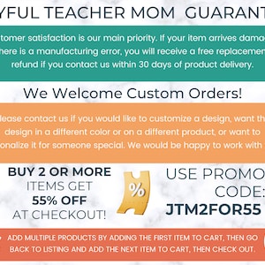 May include: A promotional graphic with text on a marble background. The text includes a guarantee, information about custom orders, and a discount offer. The promo code is JTM2FOR55.