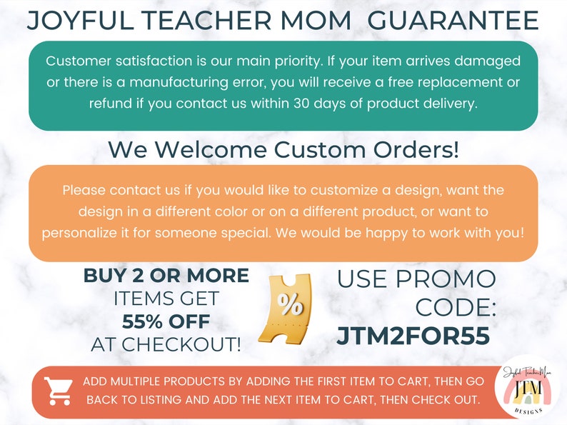 May include: A promotional graphic with text on a marble background. The text includes a guarantee, information about custom orders, and a discount offer. The promo code is JTM2FOR55.