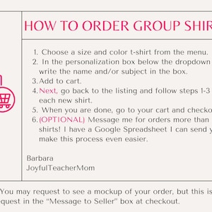 May include: A cream-coloured graphic with instructions on how to order group shirts. The text includes steps for choosing sizes, adding to cart, and personalisation. A pink shopping cart icon is on the left.
